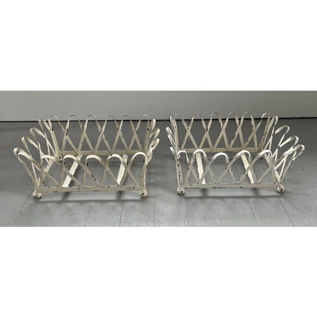 1930s 1930's White Painted Zinc Cachepot Planters or Jardinieres With Green Tole Liners on Ball Feet - a Pair For Sale - Image 5 of 13