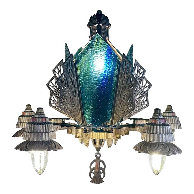 1930s Art Deco Skyscraper Slip Shade Chandelier For Sale