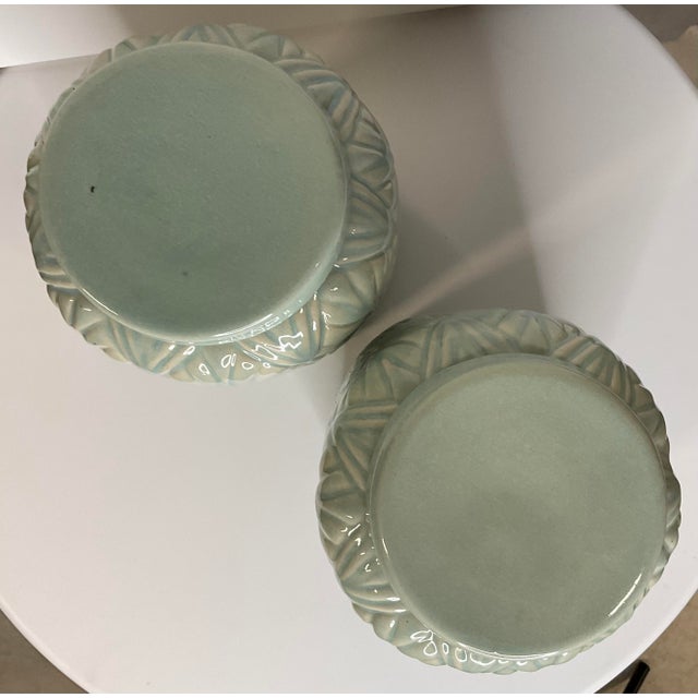 Ceramic Pair of Celadon Jars With Ginko Leaf Motif For Sale - Image 7 of 10