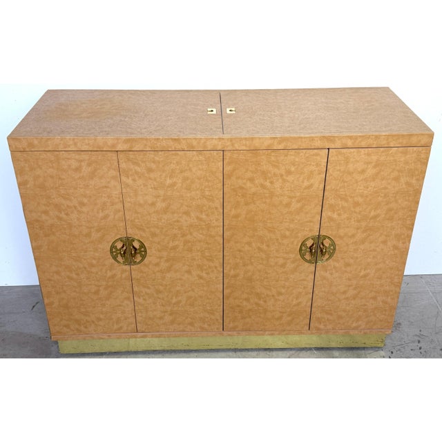 1970s Embossed Leather Ostrich Expandable Dry Bar Cabinet, Style of Springer Karl Springer-Style Embossed Ostrich Leather...