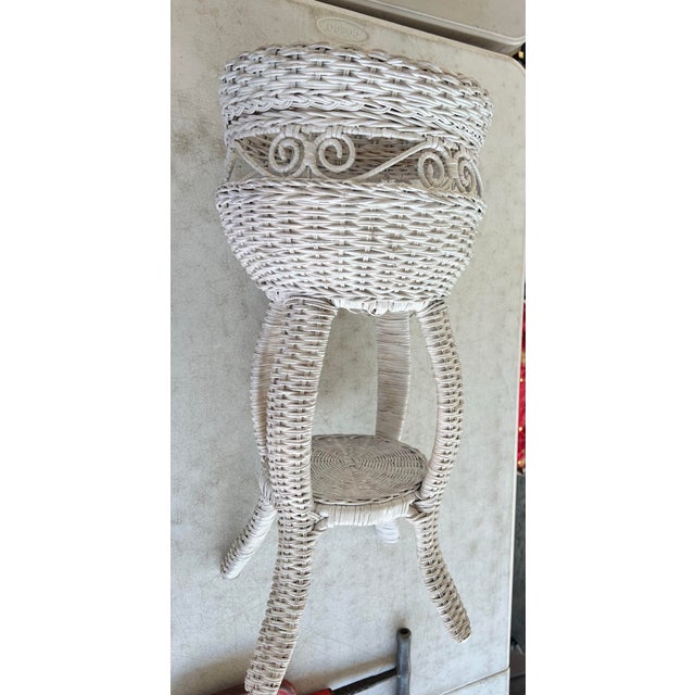 Vintage Mid Century White Wicker Plant Stand For Sale - Image 4 of 9