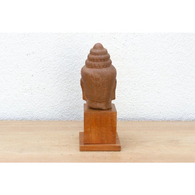 Wood Khmer Serenity Old Stone Buddha Sculpture on Base For Sale - Image 7 of 8