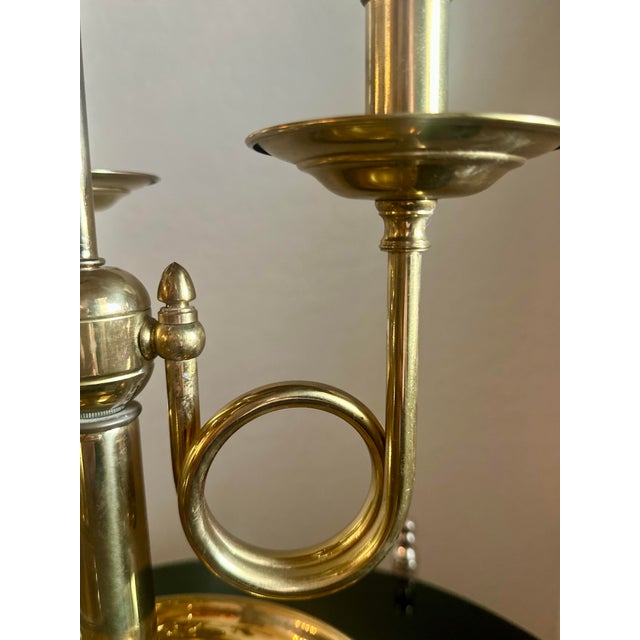Mid 20th Century Vintage Solid Brass French Horn Bouillotte Lamp | 3-Arm Candelabra, Original Shade For Sale - Image 5 of 12