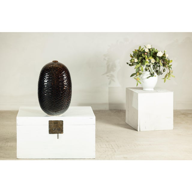 Artisan Large Honeycomb-Textured Ceramic Vase in Deep Brown and Black Glaze For Sale - Image 17 of 18