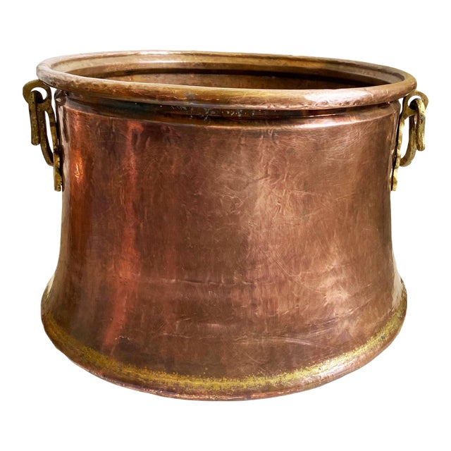 Large 1960s Copper Cauldron Pot With Brass Snake Handles For Sale