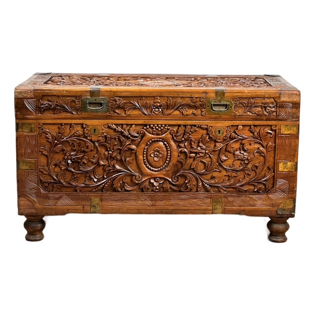 1970s Chinese Export Carved Camphor Wood Dowry Chest For Sale
