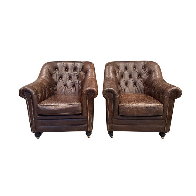 Restoration Hardware Distressed Leather Club Chair – Tufted English Library Lounge Chair With Rolled Arms & Brass Casters For Sale - Image 11 of 17