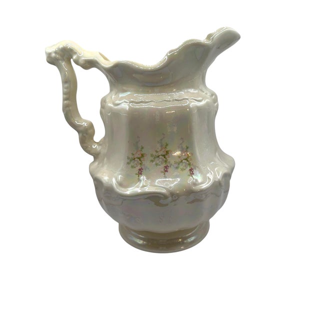 Mid-Century Modern Vintage Victorian Style Iridescent Luster Glazed White Ceramic Pitcher and Basin - A Set For Sale - Image 3 of 12