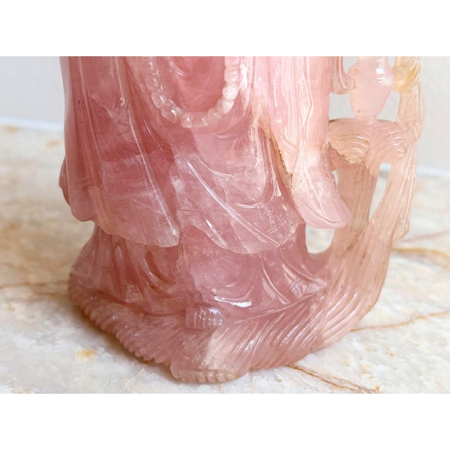 1900 - 1909 Antique Chinese Qing Dynasty Rose Quartz Guanyin Kwan Yin Figurine W/ Stand For Sale - Image 5 of 12