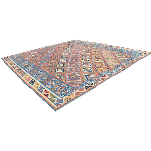 Massive Square Kilim Rug 14x15 Ft, Antique Style Turkish Flatweave, Terracotta & Denim Blue Tribal Rug, Organic Wool Rustic Farmhouse Decor For Sale - Image 11 of 16