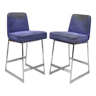 Mid-Century Modern Milo Baughman Style Upholstered Chrome Counter Stools - a Pair For Sale