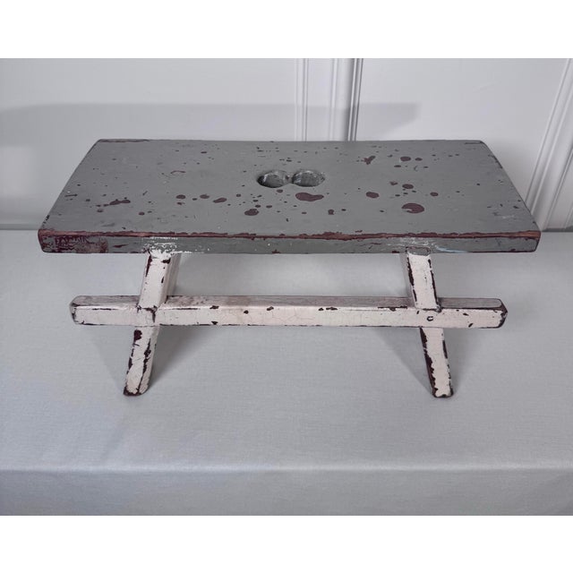 Wood Vintage Scandinavian Folk Art Painted Solid Wood Low Stool, Dove Gray & Off White For Sale - Image 7 of 12