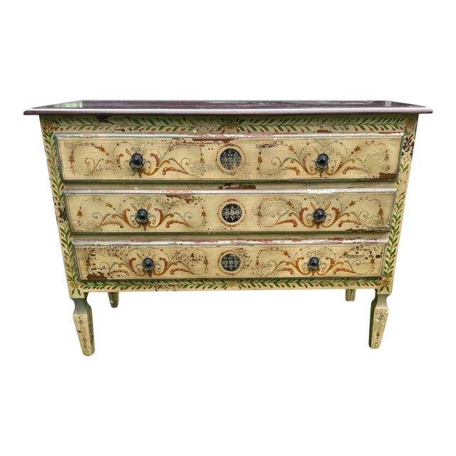 Vintage Country Paint Decorated Three Drawer Commode Chest For Sale