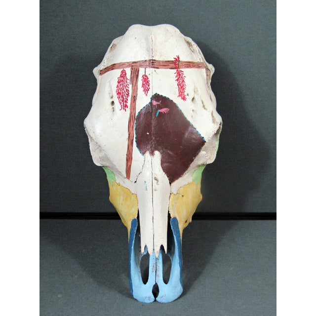 1980s Hand-Painted Bovine Skull Sculpture in Southwestern Folk Art Style For Sale - Image 4 of 10