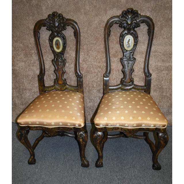 Antique Walnut Dining Chairs Italian Venetian Reverse Painted Glass Pair 1910s For Sale - Image 12 of 12