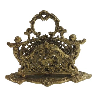 Vintage Brass Cherubs Filigree Desk Letter Holder For Sale