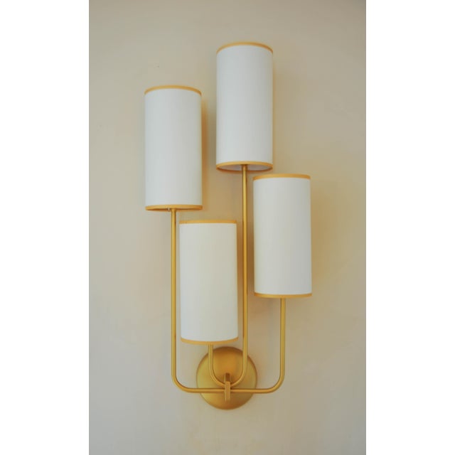 Elevation 4 Wall Sconces in Patinated Gold Metal and White Shades by Aymeric Lefort, Set of 2 For Sale - Image 12 of 18