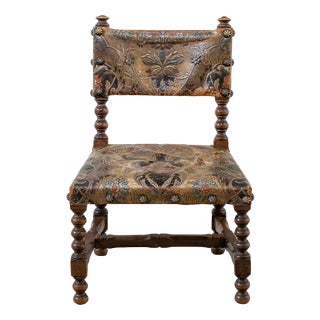 Small Antique 19th Century Walnut Dais Chair with Embossed Leather Upholstery, Spain For Sale