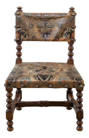 Small Antique 19th Century Walnut Dais Chair with Embossed Leather Upholstery, Spain