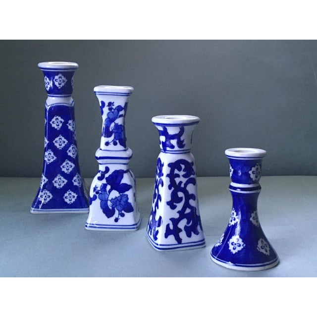Ceramic Vintage Blue & White Patterned Candlesticks- Set of 4 For Sale - Image 7 of 11