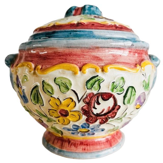 Vintage mid-century hand-painted Majolica covered pot/bonbonniere by Rigo from the 1950s. This beautiful ceramic covered...