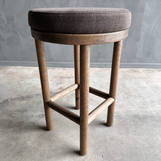Mid-Century Modern Broc Weathered White Oak Counter Stool With Linen Seat For Sale - Image 3 of 8