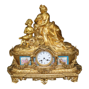 Fine Quality French Dore' Bronze Figural Mantel Clock With Sevres Plaques