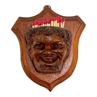 Late 19th Century Black Forrest Carved Black Walnut Toothless Man Motif Hanging Match Holder For Sale