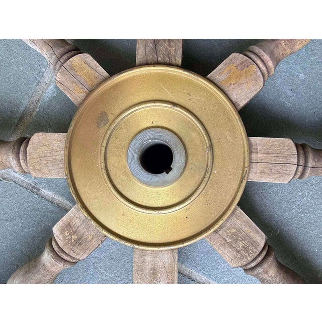 Vintage Wooden Ships Wheel With Brass Hub For Sale - Image 4 of 5