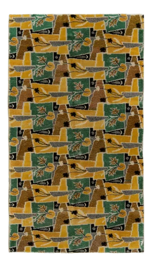 1960s Vintage Mid-Century Modern Rug, Green, Gold and Brown Floral Deco Pattern