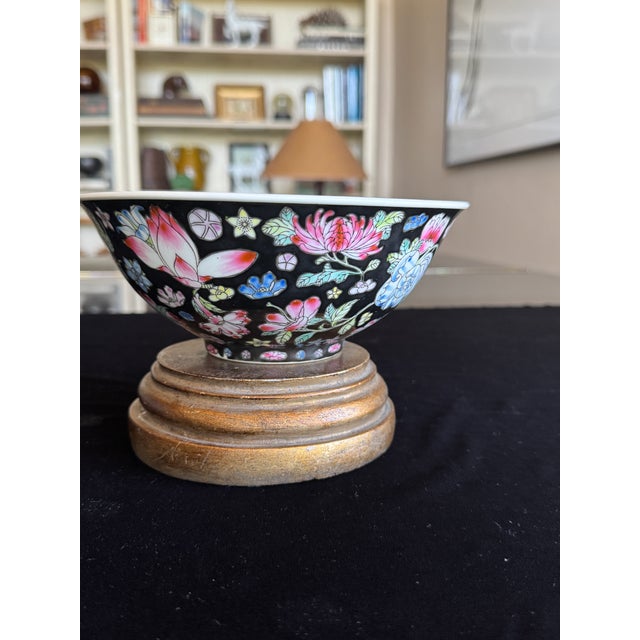 Ceramic 1960s Large Famille Noire Style Chinese Porcelain Bowls, Black Ground Floral - Set of 4 For Sale - Image 7 of 16
