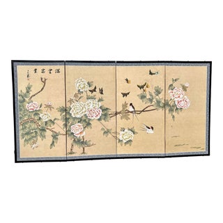 Mid-Century Hand-Painted 4 Panel Japanese Landscape Byōbu Silk Table Screen - Signed For Sale