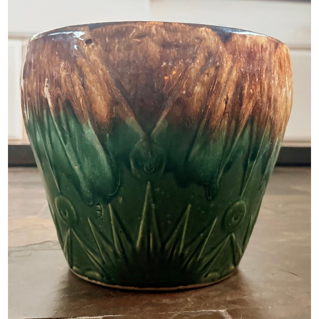 Vintage Majolica Jardiniere Art Deco "Sun & Moon" C1920s. The lovely Jardiniere is glazed with a lovely majolica style...