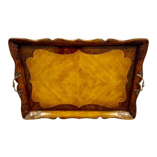 Vintage Two-Toned Wood & Brass Carved Serving Tray For Sale