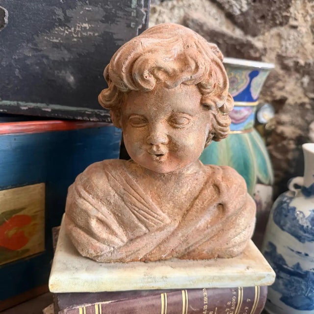 Orange 1930s Mixed Stone Sicilian Sculpture of a Putto on a Marble Base For Sale - Image 8 of 15
