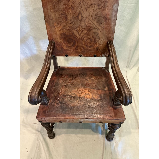 Spanish Revival 1950s Spanish Revival Tooled Leather Armchair With Barley Twist Legs For Sale - Image 3 of 18
