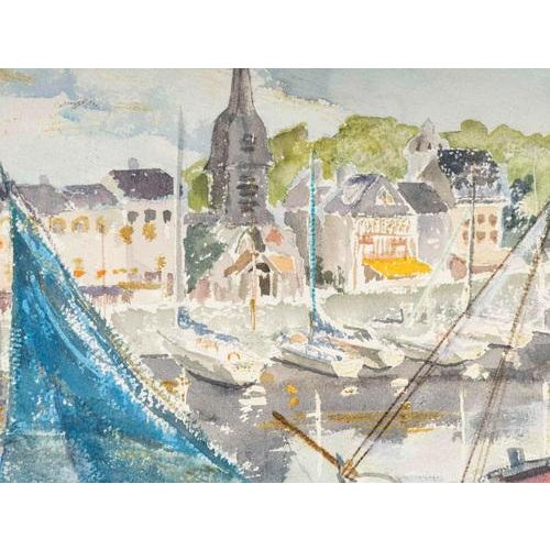 Watercolor on paper by Evelyne Luez representing a village and its port with its boats in the foreground, 1960. Watercolor...