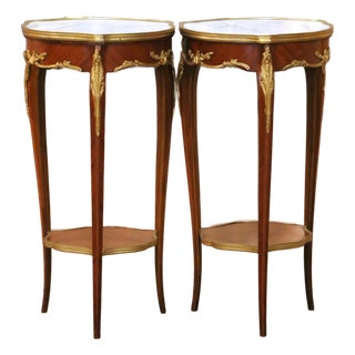 Pair of Mid-Century French Louis XV Marble Top Mahogany and Ormolu Side Tables For Sale