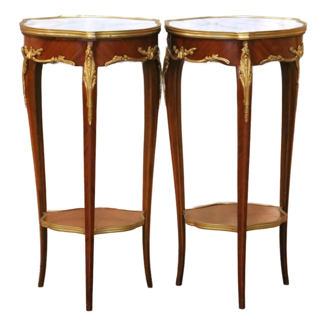 Pair of Mid-Century French Louis XV Marble Top Mahogany and Ormolu Side Tables For Sale