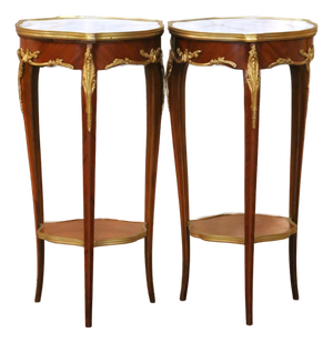 Pair of Mid-Century French Louis XV Marble Top Mahogany and Ormolu Side Tables