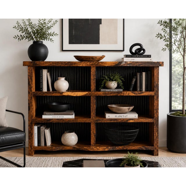 Rustic Late 20th Century Rustic Live-Edge Solid Wood & Corrugated Metal Open Bookcase For Sale - Image 3 of 8