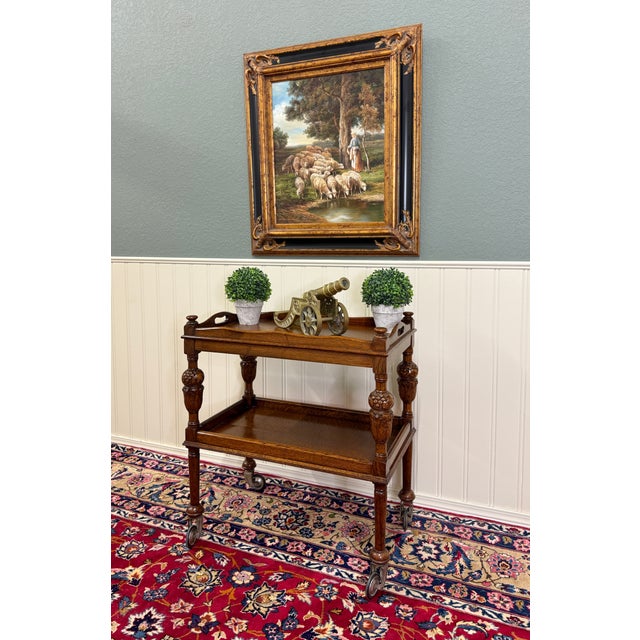 1930s Antique English Trolley Tea Cart Pastry Cocktail Bar Cart Tray Tudor Oak 1930s 1 For Sale - Image 5 of 18