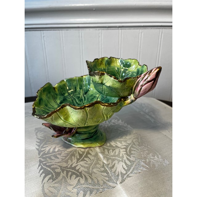 1990s Majolica Leaf & Tulip Candy Dish For Sale - Image 4 of 7