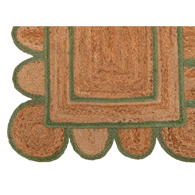 Olive Green Jute Scallop Handmade Bohomian Rug Runner 2.5x20 Ft. For Sale - Image 10 of 13