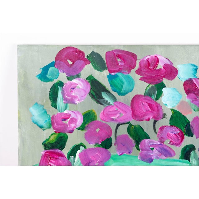 An original acrylic on canvas by North Carolina artist Laura Davis, titled “Violet Roses in Vase.” A colorful floral still...