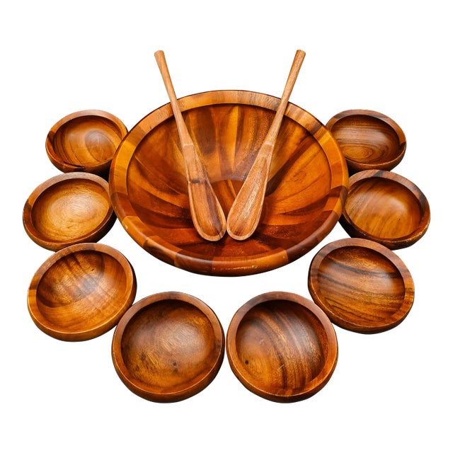 Mid 20th Century Dansk Jhq Teak Wood Large Bowl With Servers & 8 Small Bowls Set- 9 Pieces For Sale