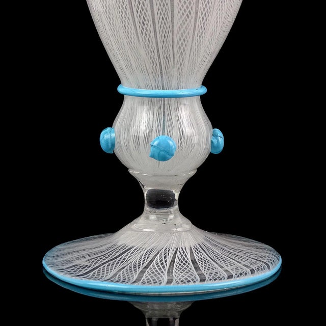 Early 20th Century Antique Murano White Zanfirico Ribbons Sky Blue Detals Italian Art Glass Footed Flower Vase For Sale - Image 5 of 9
