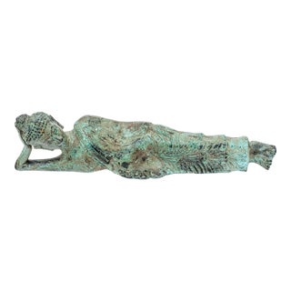 Thai Bronze Reclining Buddha Sculpture With Verdigris Patina For Sale