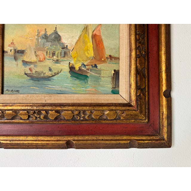 Wood 1970s Vintage Venice Coastal - Sailboat Landscape Scene Oil Painting by L. Porino For Sale - Image 7 of 12