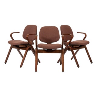Brown Mid Century Plywood Arm Chairs by Joe Atkinson for Thonet, 3 Avail For Sale